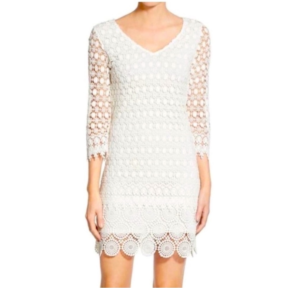 Velvet By Graham & Spencer White 3/4 Sleeve Crochet Lace Mini Dress Size Medium